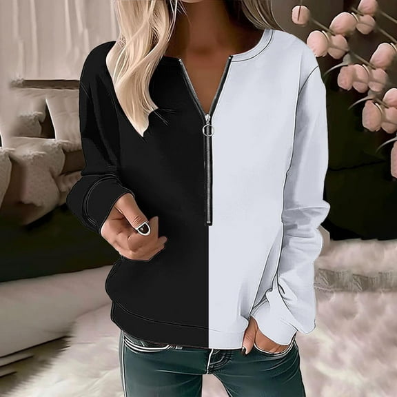 Xcmzpl Womens Zip Up Sweatshirts Casual Color Block Round Neck Sweatshirt Holiday Sweater Tops Tunic Long Sleeve Shirts Fall Clothes