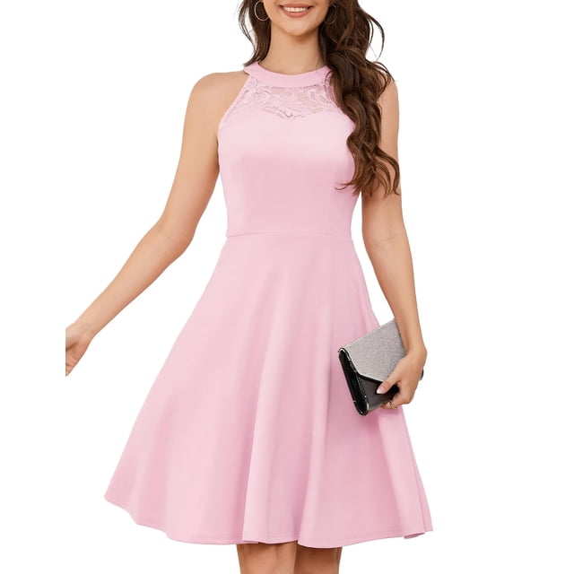 vestido bbonlinedress rosa en a, cóctel, boda, fiesta de graduación Vestido halter rosa de BBonlinedress con encaje floral en el corpiño, cuello halter sin mangas, cintura alta y falda patinadora a la rodilla; cremallera oculta en la espalda. Adecuado para cócteles, bodas y graduaciones; a menudo usado como vestido corto de fiesta para viajes o sesiones fotográficas informales.