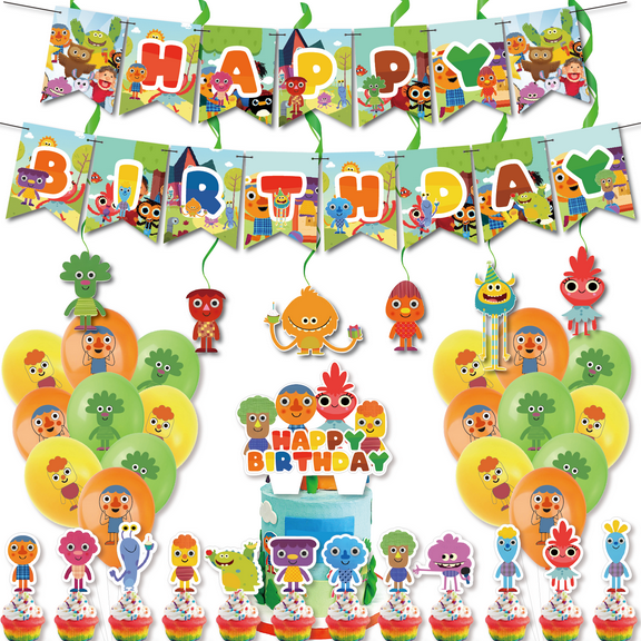 38 PCS For Super Simple Songs Birthday Party Decorations, With 1 Happy Birthday Banner Garland,6 Spiral ornament,18 Balloons,13 Cupcake Toppers for decorative supplies set