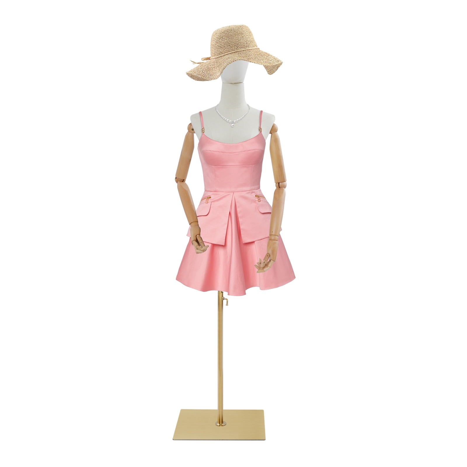 Female Mannequin, Female Dress Form Display, Adjustable Height（White + Wood Color + Golden）