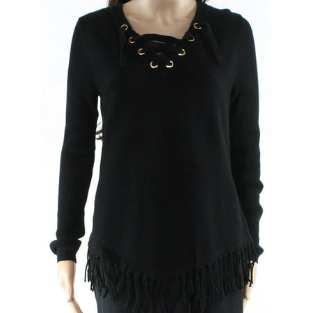 - INC Womens Small Petite Lace Up Fringed Trim Knit Top