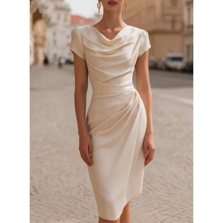 2026 Elegant Cowl Neck Sheath Dress for Women, Short Sleeve Ruched Waist Midi Pencil Dress, Formal Cocktail & Office Wear