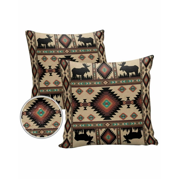 Pack of 2 Outdoor Pillow Covers, Fall Vintage Boho Forest Deer Argyle Geometric Pattern Waterproof Square Throw Pillowcase Cushion Decorative Pillow Covers for Couch Patio Tent, 26x26 in