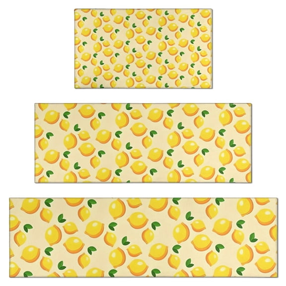 Yellow Lemon Fruit Dots LightYellow Pattern Kitchen Rugs Sets Of 3,Kitchen Runner Rugs Non Skid Washable,Decorative Kitchen Floor Mats for Kitchen,Sink,Laundry,17"x30"  17"x47"   17"x59"