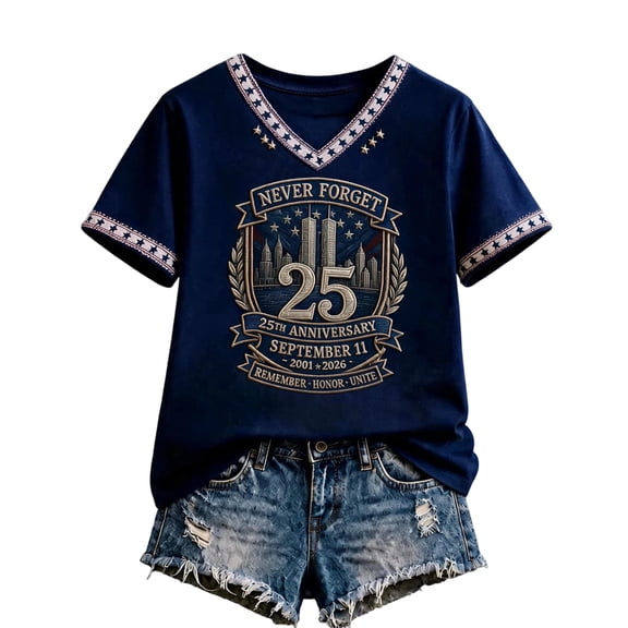 JULMCOMO 9/11 25th Anniversary T Shirts for Women 2001-2026 Never Forget V Neck Patriotic Shirts American Flag Vintage Graphic Tees Blue XL