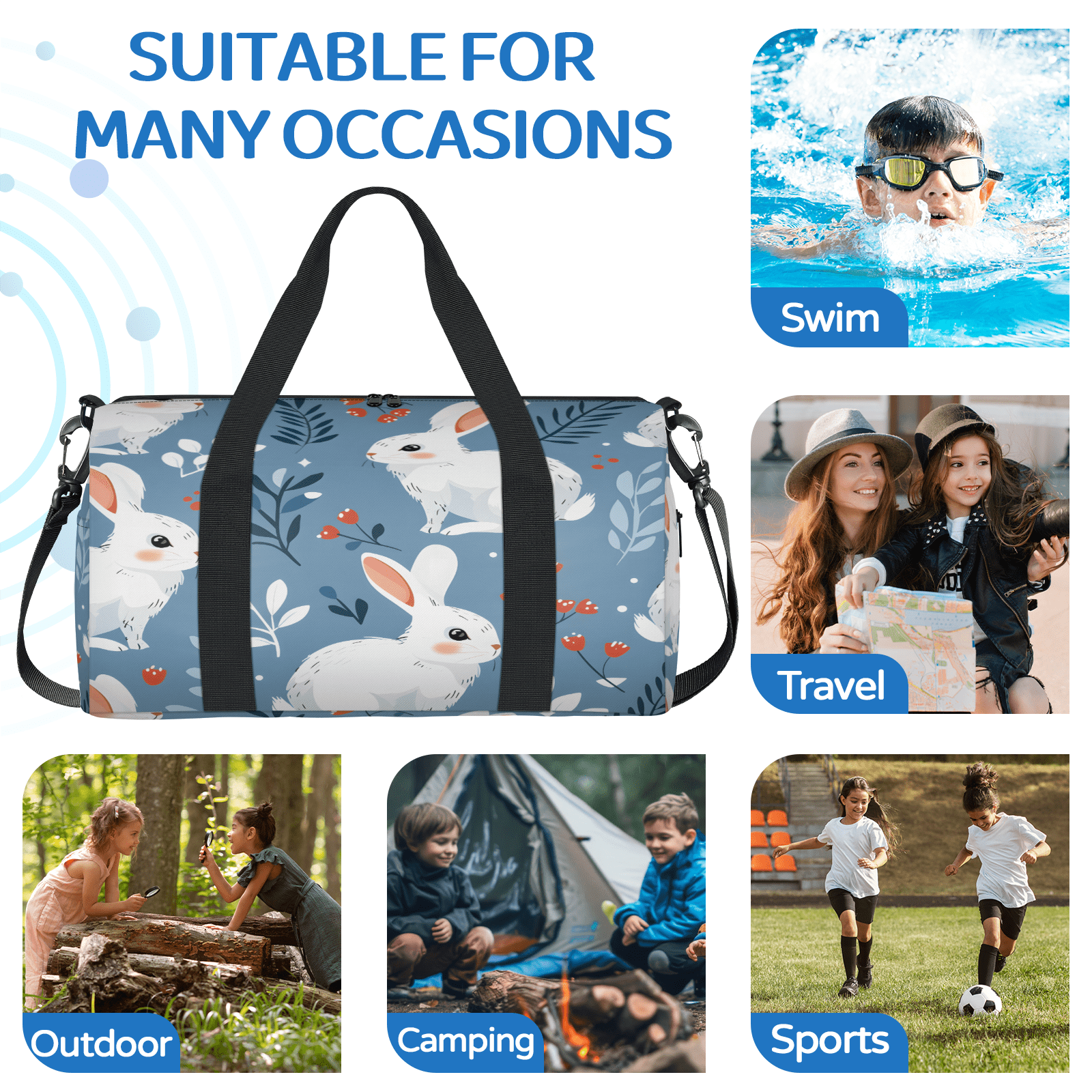 Herdesigns Cute Bunny Travel Duffle Bag Sports Yoga Weekender Overnight Carry on Workout Bags Lightweight Waterproof Gym Tote Bag for Women Rabbit