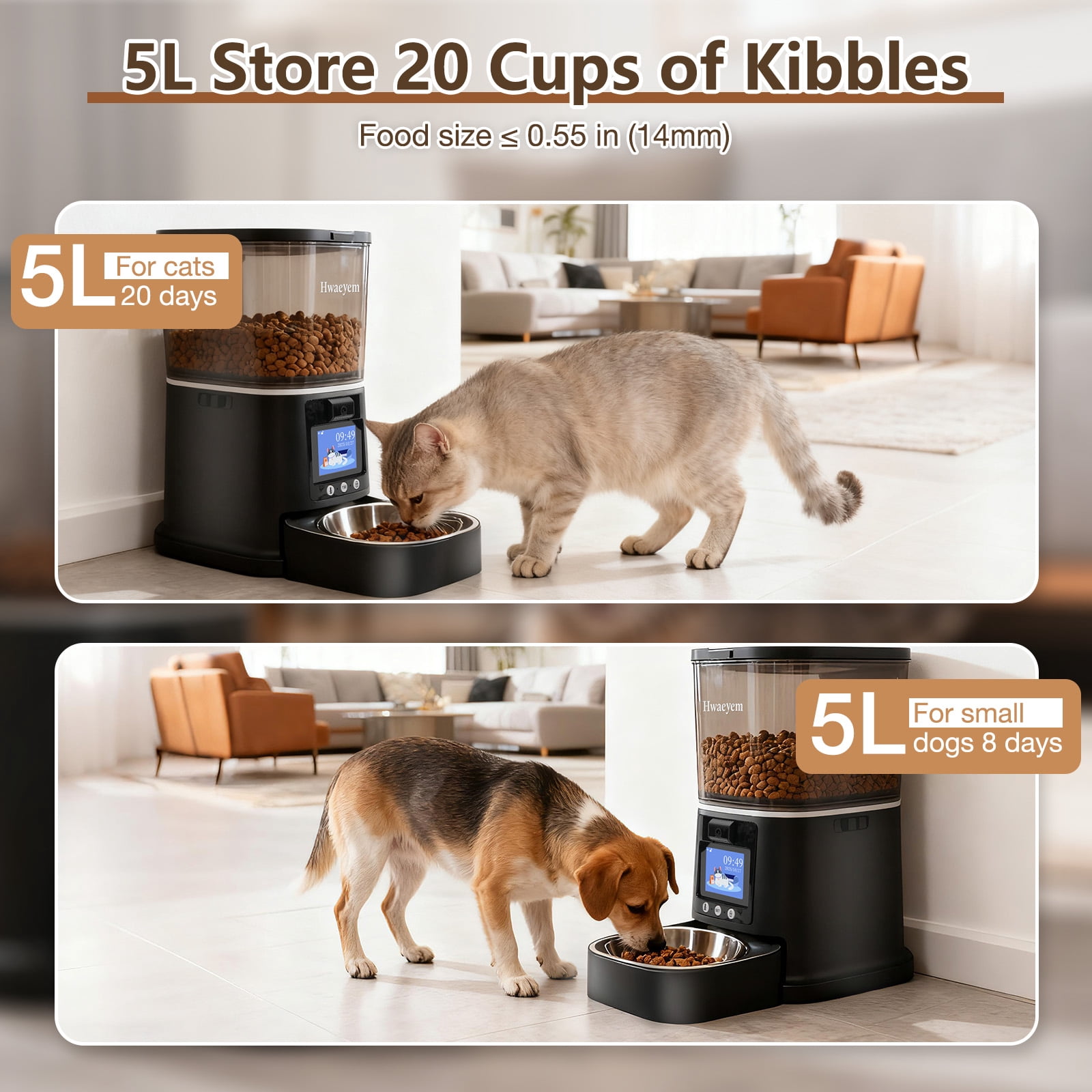 Automatic Cat Feeder with Camera, 5G WiFi Smart Food Dispenser, APP Remote Control, Timed Portion Feeding, Large Capacity Dog Cat Automatic Feeder, Black