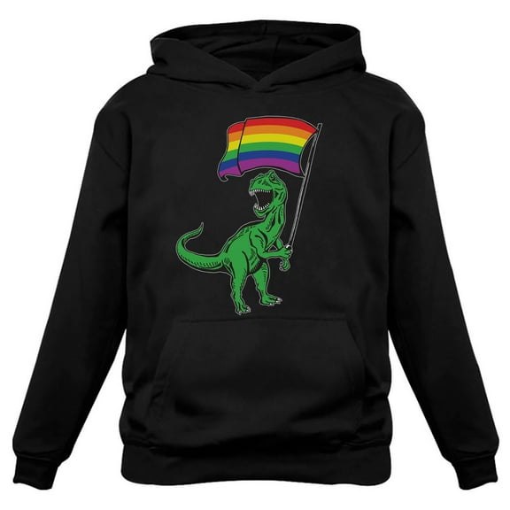 LGBTQ Pride Month: T-Rex Print Rainbow Hoodie -Love is Love Rainbow Sweatshirt - Comfortable & Durable Gay Pride Sweatshirt for Men - Large Black