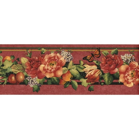 TRIMZ Flowers and Butterflies Wallpaper Border - Red, Orange, Green 15' L x 4.25" W