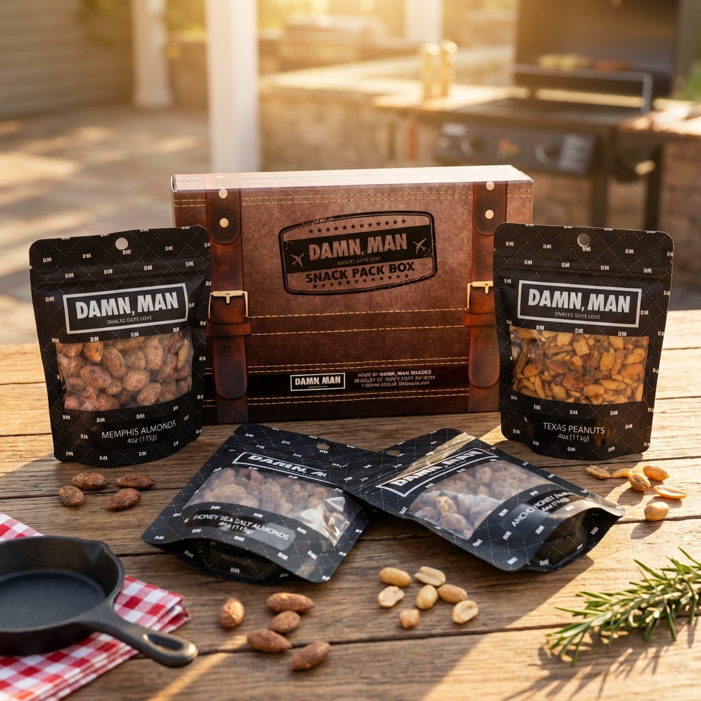 Damn, Man Honey BBQ Nut Snack Pack Box - Sweet & Spicy Father's Day Gift for Dad