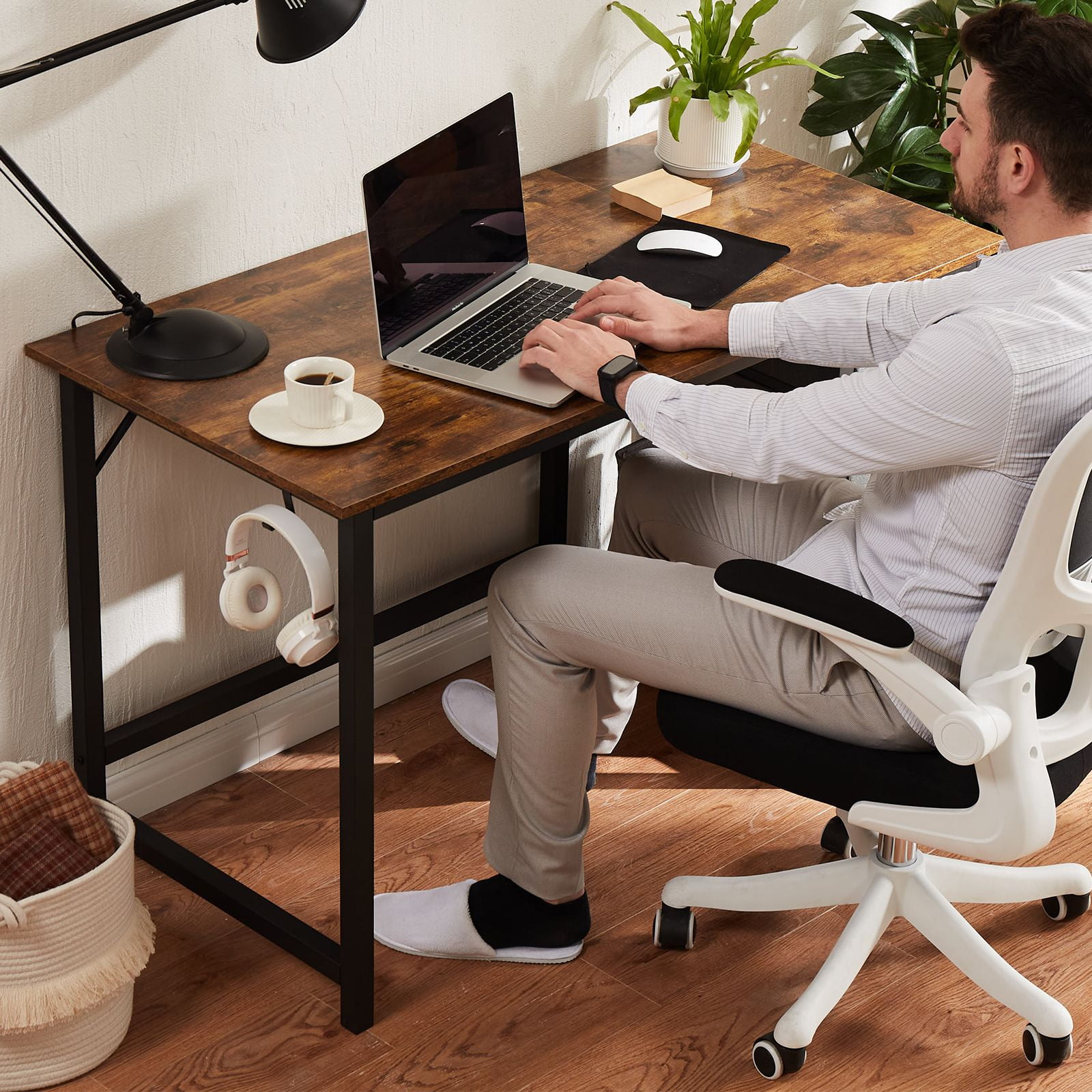 GIANNA 40 Inch Computer Desk, With 2-Tier Drawers Storage Shelf, Side Headphone Hook, Rustic Brown
