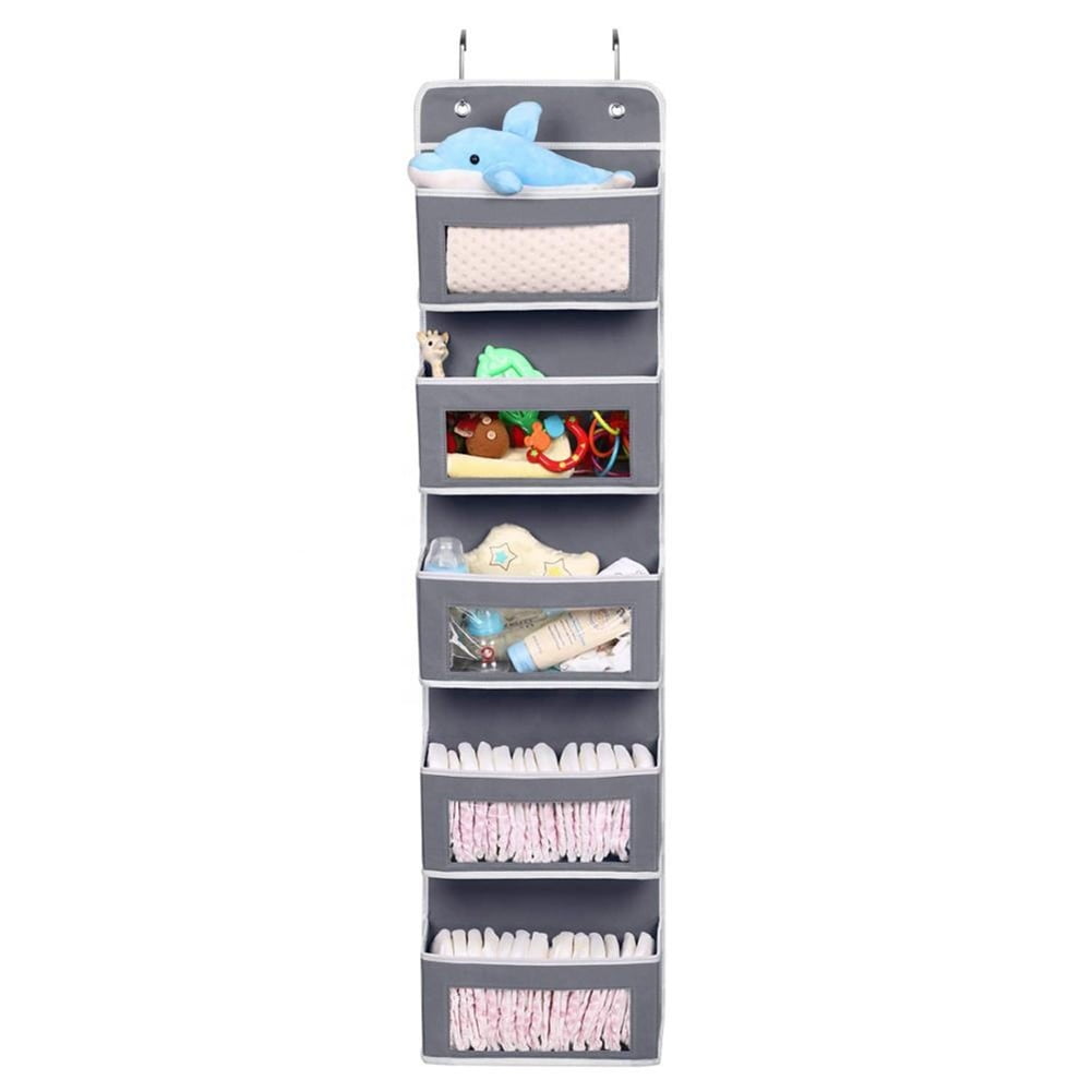 Lowestbest Over Door/Wall Mount Organizer Storage with 5 Clear Window Pocket & 2 Metal Hooks, Gray
