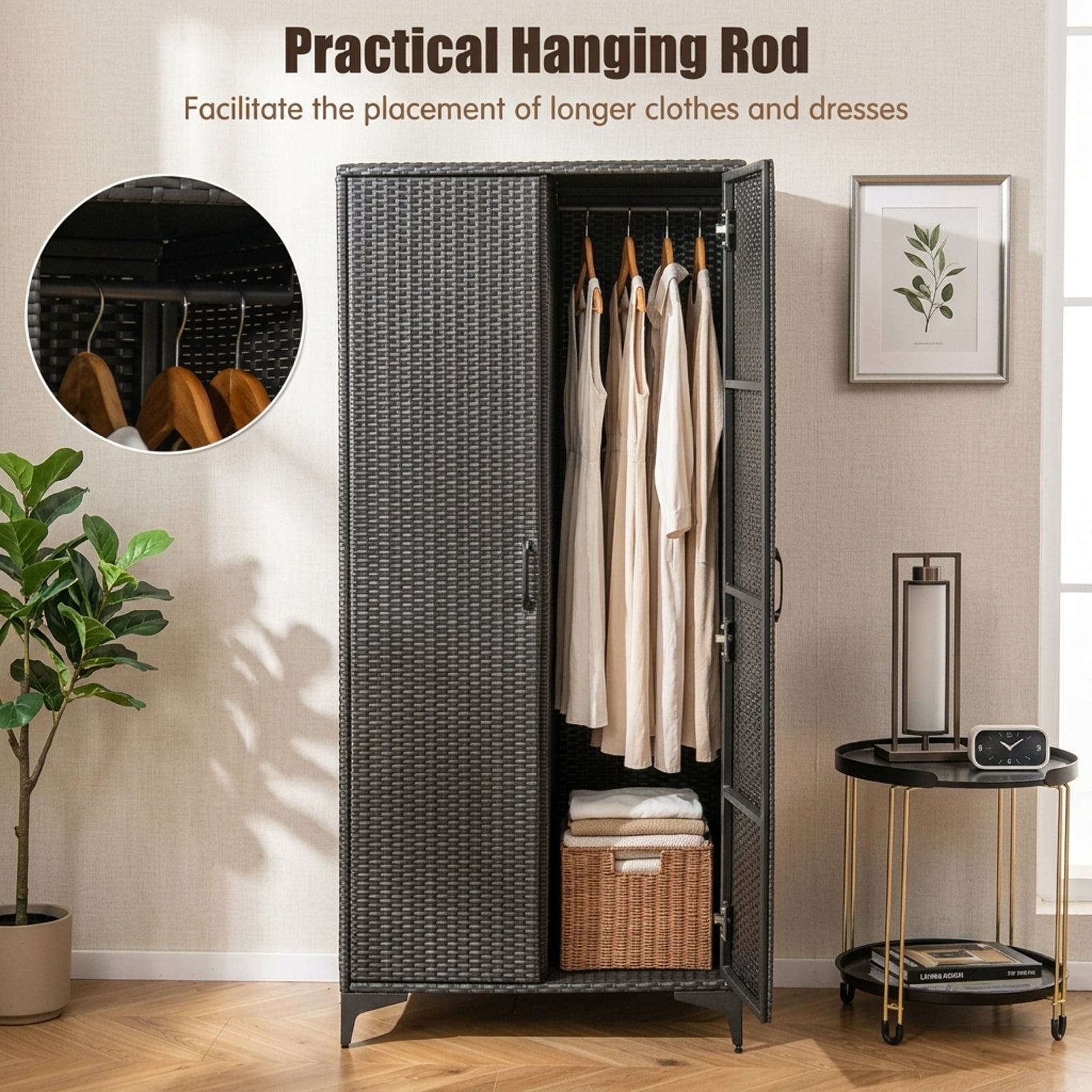 Furnibear 62 Inch Wicker Wardrobe with 2 Doors PE Rattan Closet with Hanging Rod for Bedroom Closet Clothes Wardrobe Storage Hanging, Black