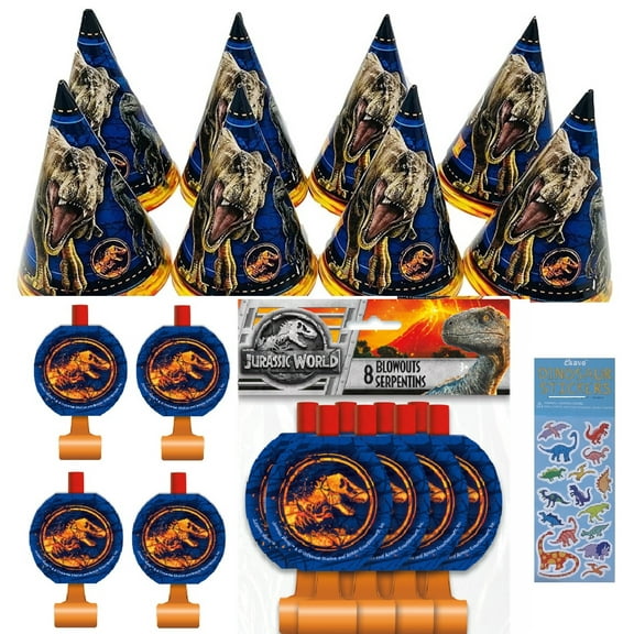 Jurassic World Dinosaur Birthday Party Supplies Bundle Pack includes 8 Party Cone Hats, 8 Party Blowouts, 1 Dinosaur Sticker Sheet