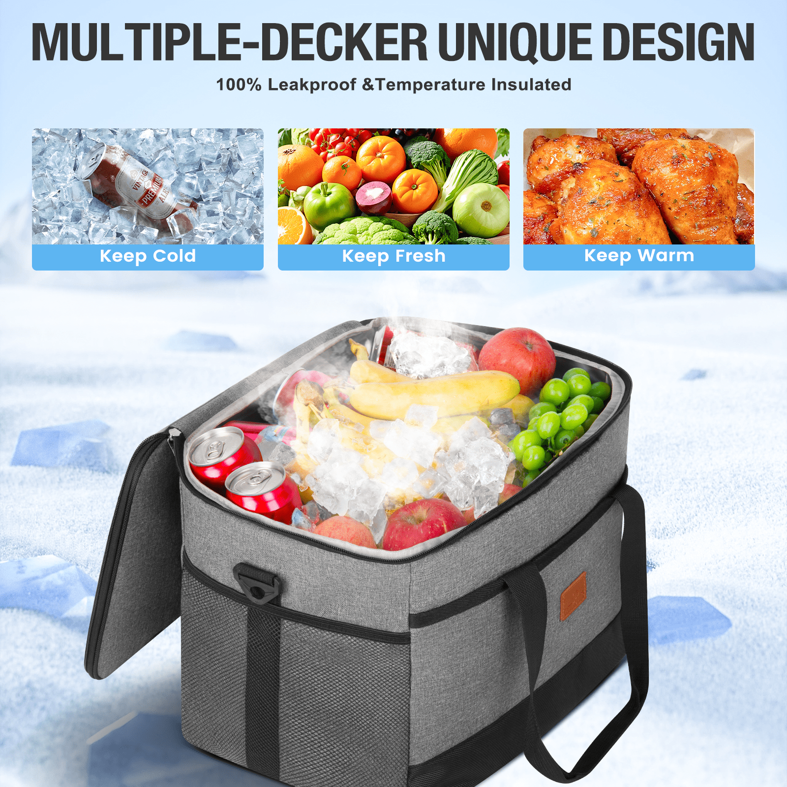 Cshidworld Cooler Bag 48 Cans Collapsible Soft Cooler Large Insulated Soft Sided Cooler Bag, 35L Insulated Bag Portable Ice Chest Box for Lunch Drink Beverage Beach Travel Camping Picnic, Gray