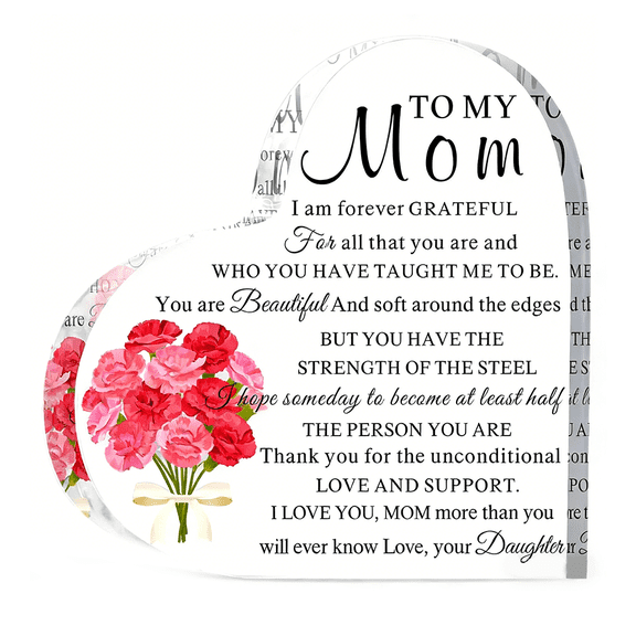 Mom Birthday Gift from Daughters Sons to My Mom Heart Acrylic Sign Appreciation Plaque with Carnation Flower for Christmas Mother's Day