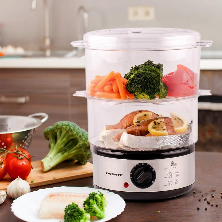 OVENTE 2 Tier Electric Food Steamer for Cooking Vegetables Stainless Steel Base Stackable and Dishwasher Safe Baskets 400W with Auto Shutoff and