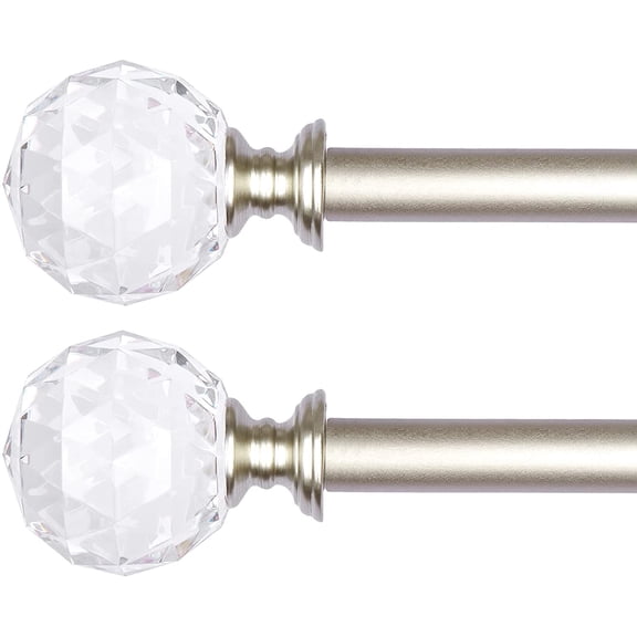 2 Pack 3/4 Inch Diameter Adjustable Curtain Metal Rod with Round Clear Acrylic Ball Finials28 to 48 Inch