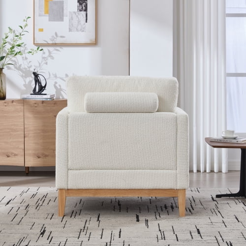 35.4 "Wide Modern Farmhouse Performance Accent Chair with Natural Wood Legs, Wood Base Reading Armchair Single Sofa with Two Bolster Pillows for Living Room offices and Lounge, Ivory Boucle.