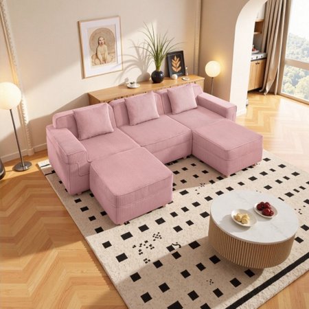 Dreamy Modular Cloud Couch: 3-Seat U-Shape Sectional with Deep Seating & Movable Ottomans – Zero Assembly Plush Sofa