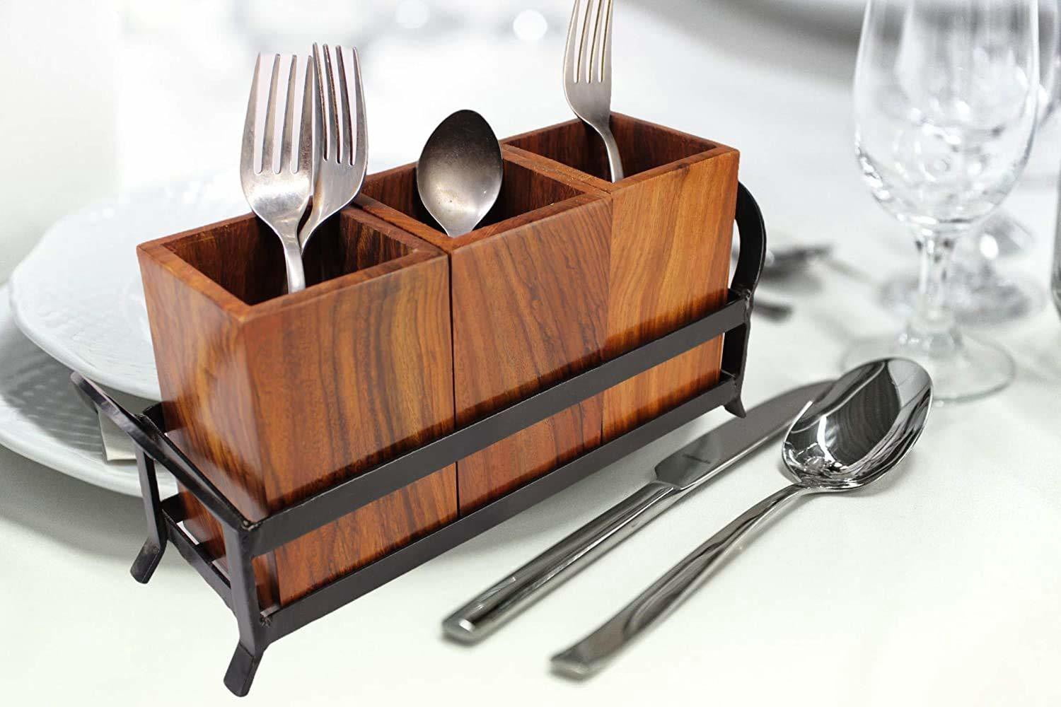 Wooden and Iron Cutlery Holder Set of 3 – Multipurpose Spoon Stand & Utensils Organizer for Dining Table and Kitchen