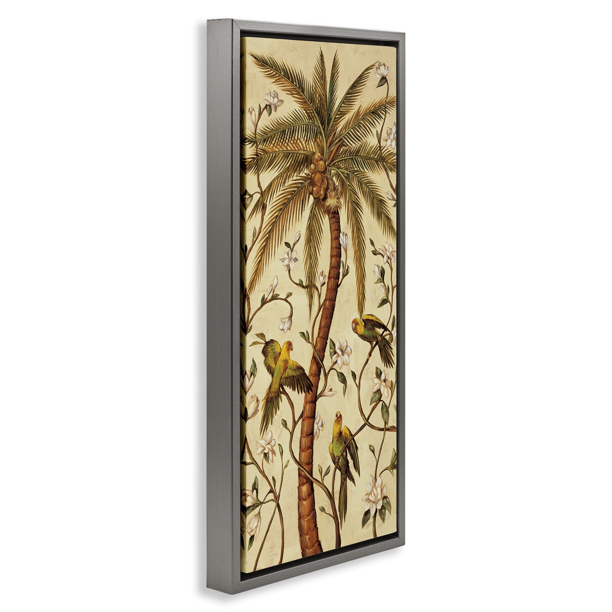 Stupell Industries Parrots & Curvy Palm Tree Plants & Flowers Painting Gray Floater Framed Canvas Art Print Wall Art, 11 x 25