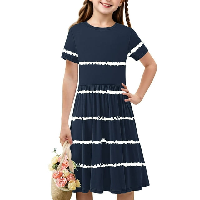 Ventes de Liquidation d'Été Iumwxz Tunique Robe Plissée Robe Ample Ligne A Robes Col Rond Rayé Graphique Robe à Manches Courtes pour Enfants Robes Tendance pour Cadeaux de Vacances 4-14 Ans