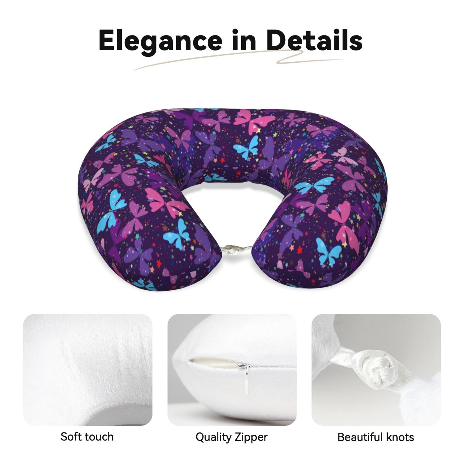 Xecao Bright Purple Butterflies Print Memory Foam Cervical Neck Pillow Versatile U-Shaped Pillows for Home,Office,Camping,Travelling,Soft Washable Cover