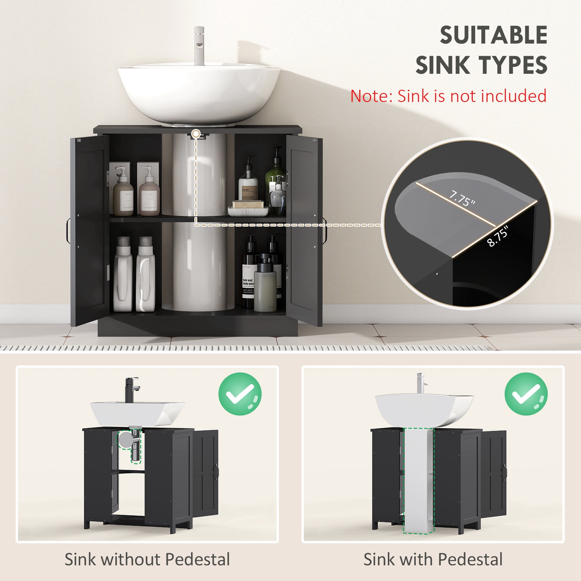 Black Under Sink Bathroom Cabinet, Double-Door Storage Cabinet with U-Shaped Cutout & Adjustable Shelf, Anti-Tipping Design for Bathroom Organizer