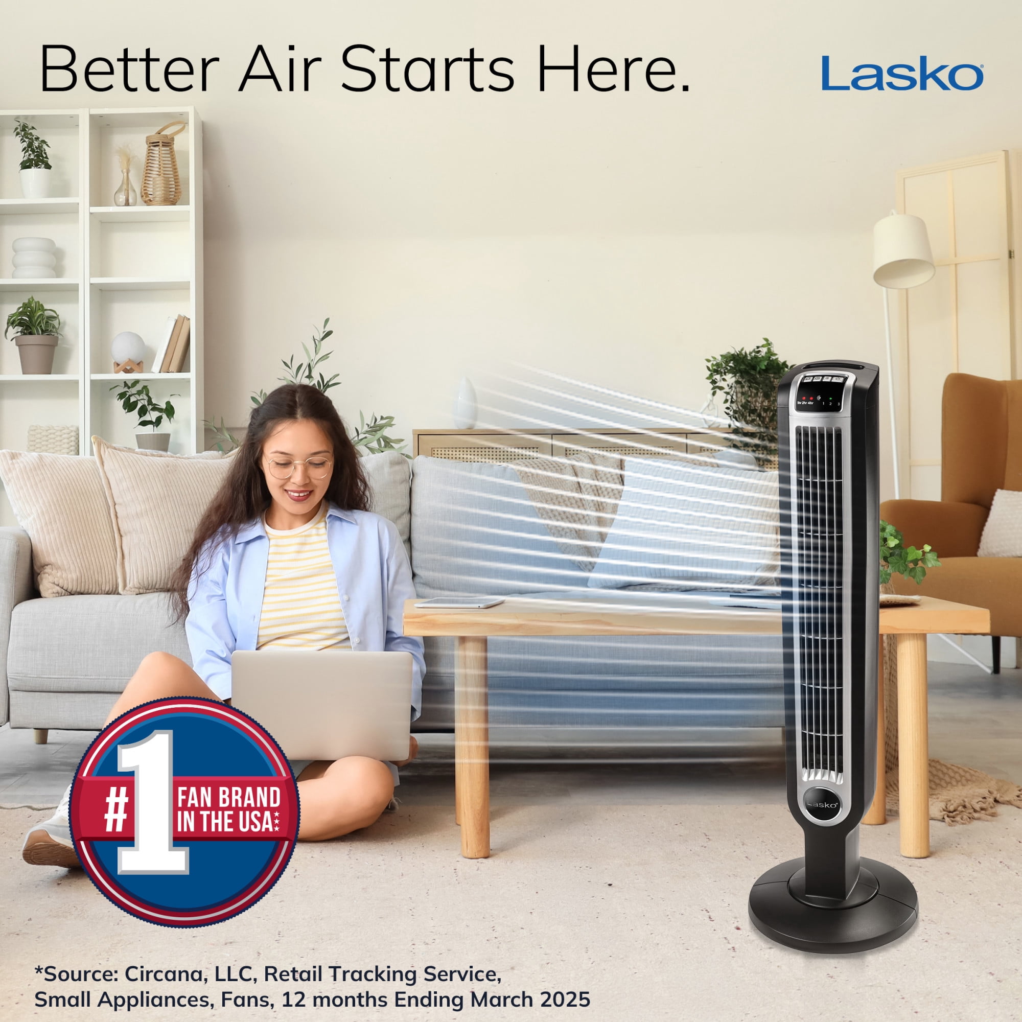 Lasko 36" 3-Speed Oscillating Tower Fan with Night Mode and Remote Control, Black, T36205