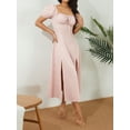 thumbnail image 4 of Liacowi Women Juniors Midi Dress Summer Short Puff Sleeve Ruched Bust A-Line Dress Pink Slit Sundress, 4 of 9