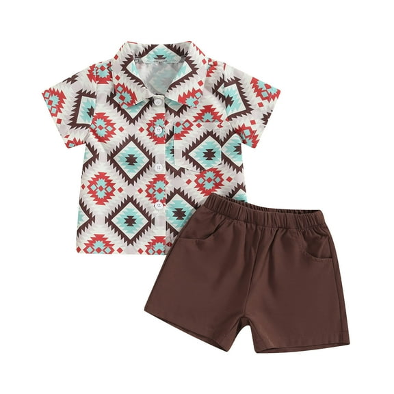 Odeerbi Toddler Boys Girls 2 Piece Hawaiian Outfits Beach Tropical Print Shirts Short Sets Summer Clothes Child Casual Short Sleeve Tops Lapel Collar Botton Printed Shirt Sets Brown