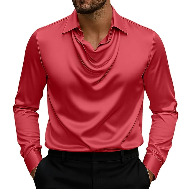 LNWUY Chemises Élégantes en Satin de Soie pour Hommes Col Bénitier Froncé devant Manches Longues Col Rabattu Printemps Automne Chemise de Bureau Rouge TG