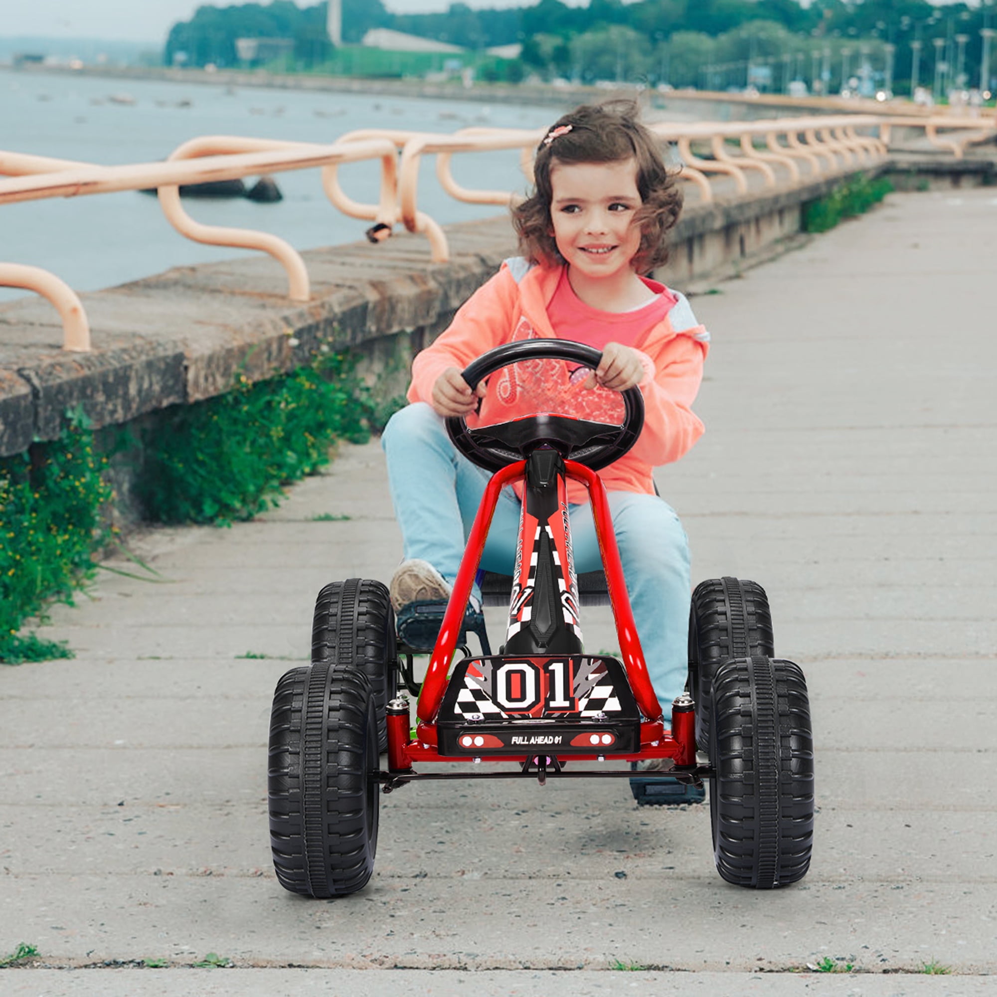Gymax Kids Pedal Go Kart 4 Wheel Ride On Toys w/ Adjustable Seat & Handbrake Red