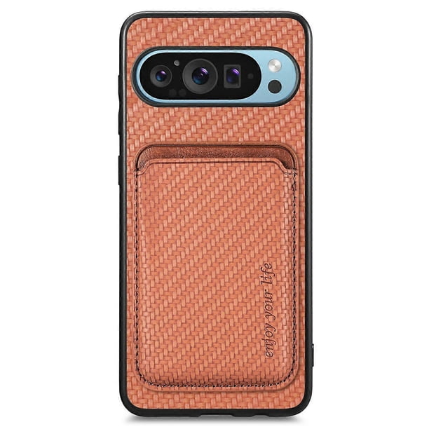 For Google Pixel 9 / Pixel 9 Pro Case Carbon Fiber Leather Back Cover with Detachable Card Bag - Gre
