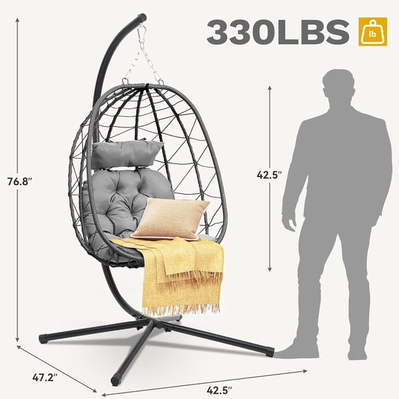 Egg Hanging Swing Chair with Stand PE Rattan Outdoor Indoor  Garden Balcony Furniture with Cushions and Headrest Pillow for Relaxation - Grey
