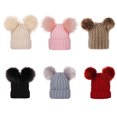 thumbnail image 4 of Kids Winter Beanie Cap with Double Faux Fur Pom Poms - Thickened Cotton Lined, Solid Color, Knitted Bobble Hat for Boys and Girls, 4 of 8