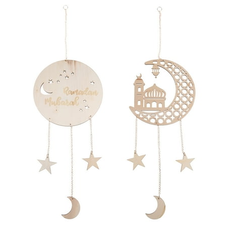 

BOOMTB 2pcs Wooden Eid Mubarak Hanging Pendant Ramadan Kareem Decoration Castle Moon Islam Muslim Party Decor