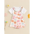 thumbnail image 5 of Aojekbee Toddler Girl Summer Outfit Solid Color Ribbed Short Sleeve Tops and Flower Print Suspender Shorts Overalls 2Pcs Clothes Set, 5 of 10