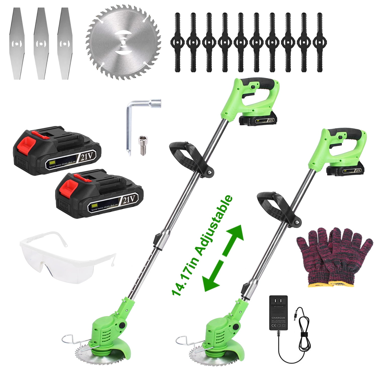 21V 300W Cordless Grass Trimmer Rechargeable Lawn Mower 18000M/Min Weed Cutter with Saw Blade 2 Stainless Steel Blades 10 Plastic Blades 2 Rechargeable Batteries Goggles Gloves