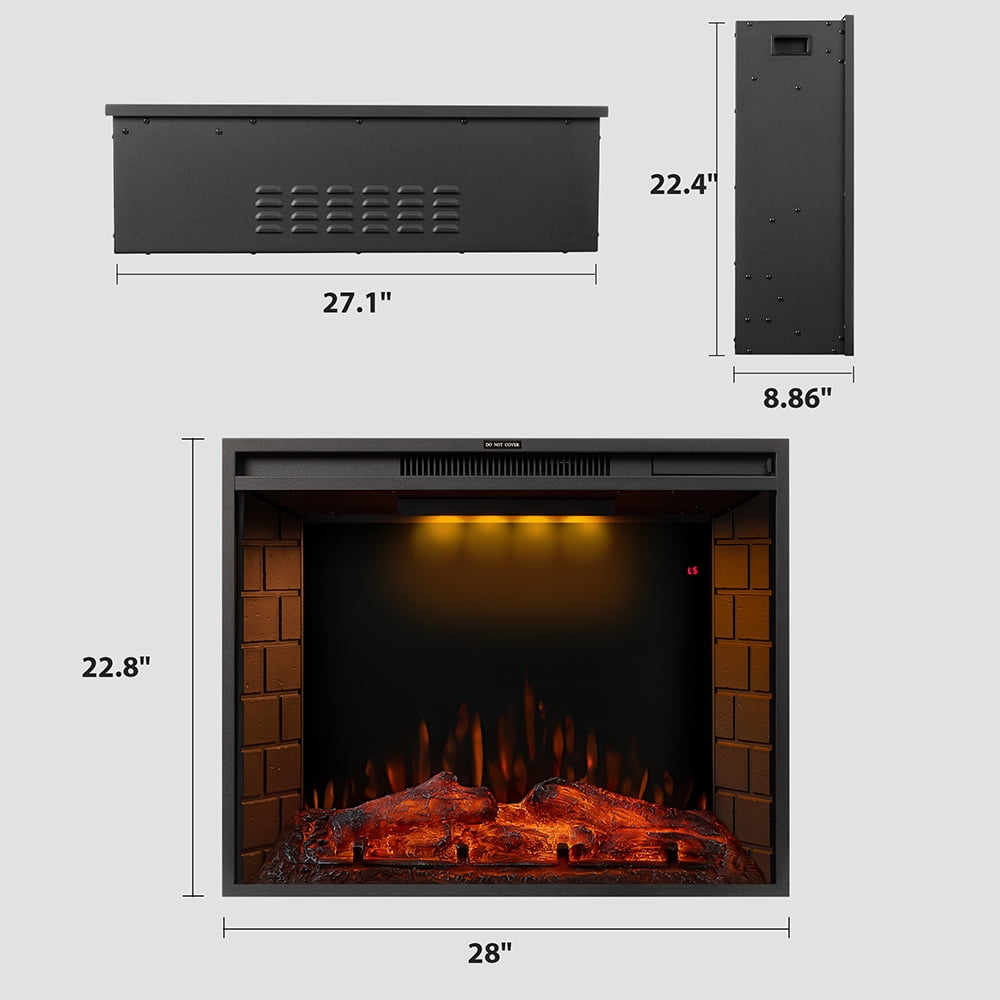 Kepooman 28" LED Recessed Electric Fireplace with 3 Top Light Colors & Remote Control & Adjustable Heating & Touch Screen, 1500W, Black