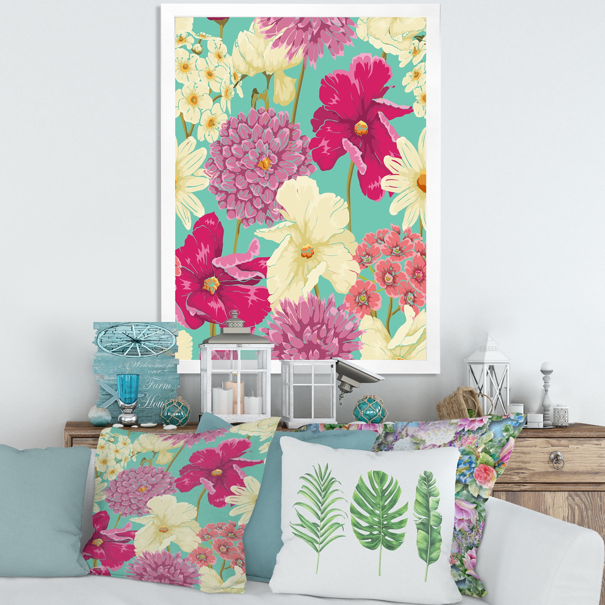 Designart 'Vintage Yellow and Pink Flowers' Traditional Framed Art Print