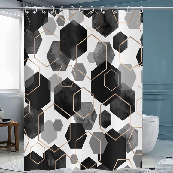 Black Shower Curtain, Black Grey Abstract Geometric Modern Grid Pattern Minimalist Bath Curtains Waterproof Fabric with Hooks for Home Decor, 72Wx72H