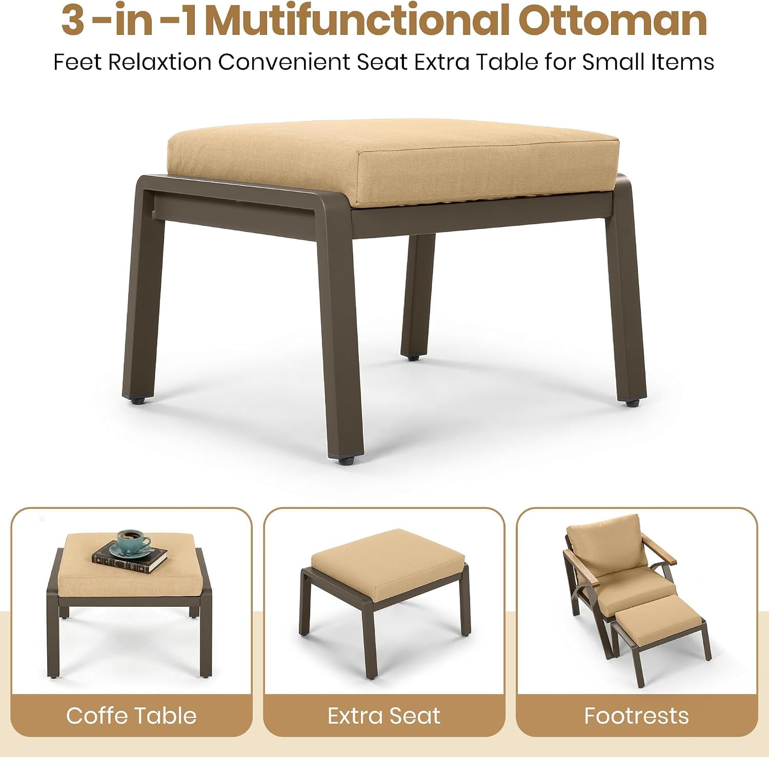 6-Piece Outdoor Patio Seating Set with Ottomans, Steel Frame Sofa & Acacia Wood Coffee Table, Brown Cushions