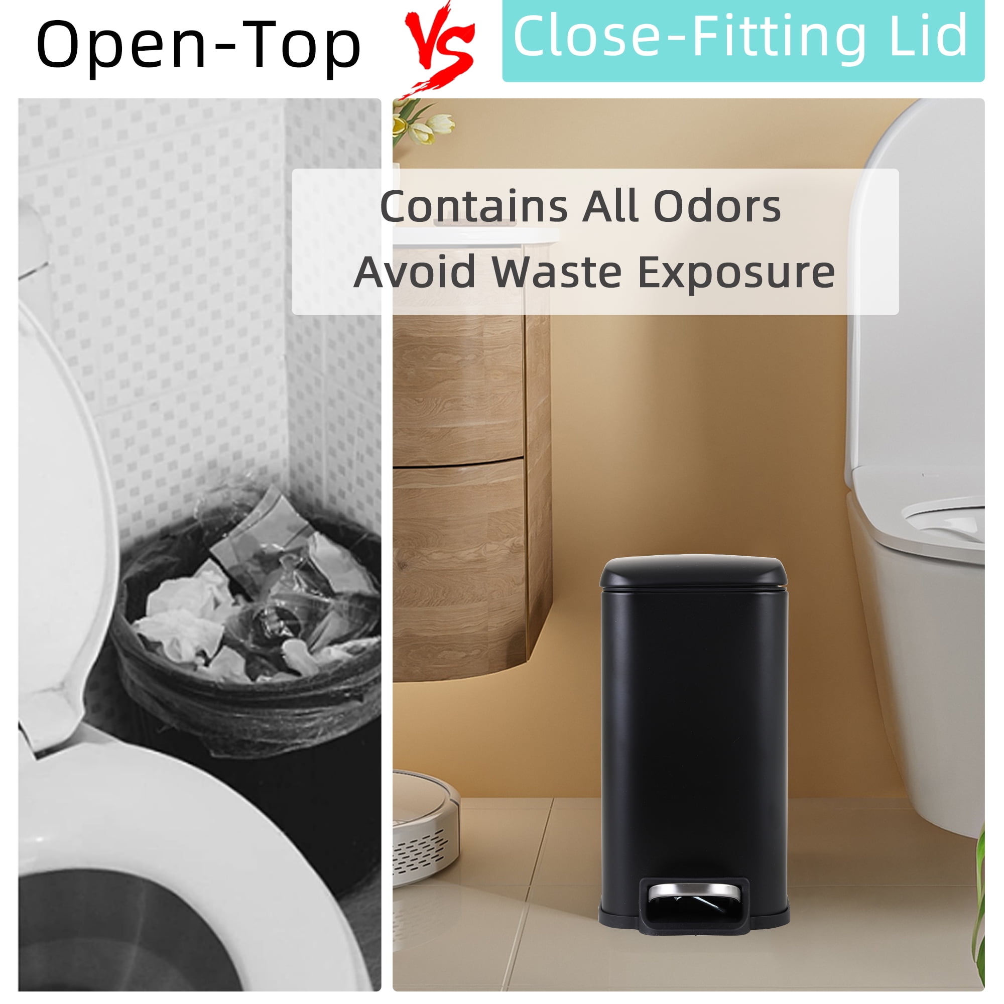 CL.HPAHKL Small Bathroom Trash Can with Soft Close Lid, 1.3 Gallon Stainless Steel Garbage Can with Removable Inner Bucket, Foot Pedal, Mini Trash Bin for Toilet, Home Office (Black, 2 Pack)