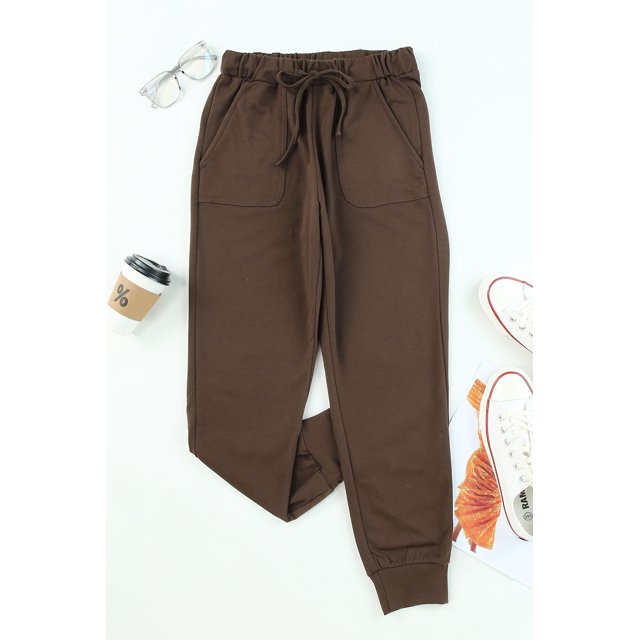 ABPHQTO Pantalones de cintura elástica con cordón sólido marrón para mujer con bolsillo