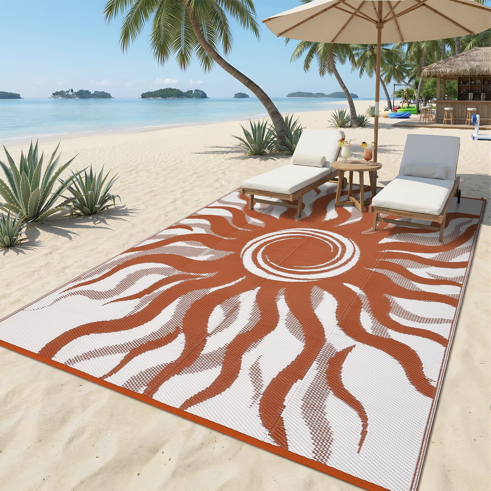Garvee 8x10ft Outdoor Rug Waterproof Reversible Plastic Straw Rug, Modern Boho Sun Pattern Rug, Large RV Camping Mat Portable Outdoor Carpet for Patio, Balcony, Picnic, Beach, Deck, Red/White