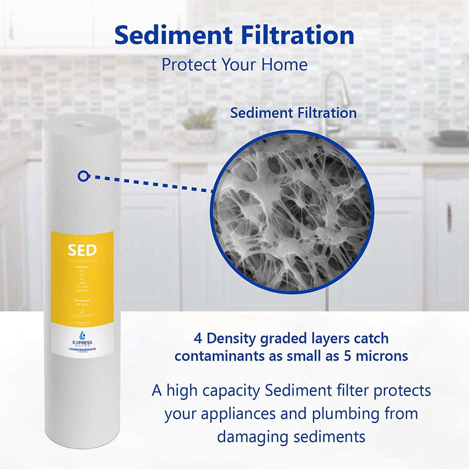 Express Water – Whole House Heavy Metal Water Filter Set – 3 Stage Filtration Replacement Kit – Sediment, Carbon Block, KDF High Capacity Cartridge – 5 Micron – 4.5” x 20” inch