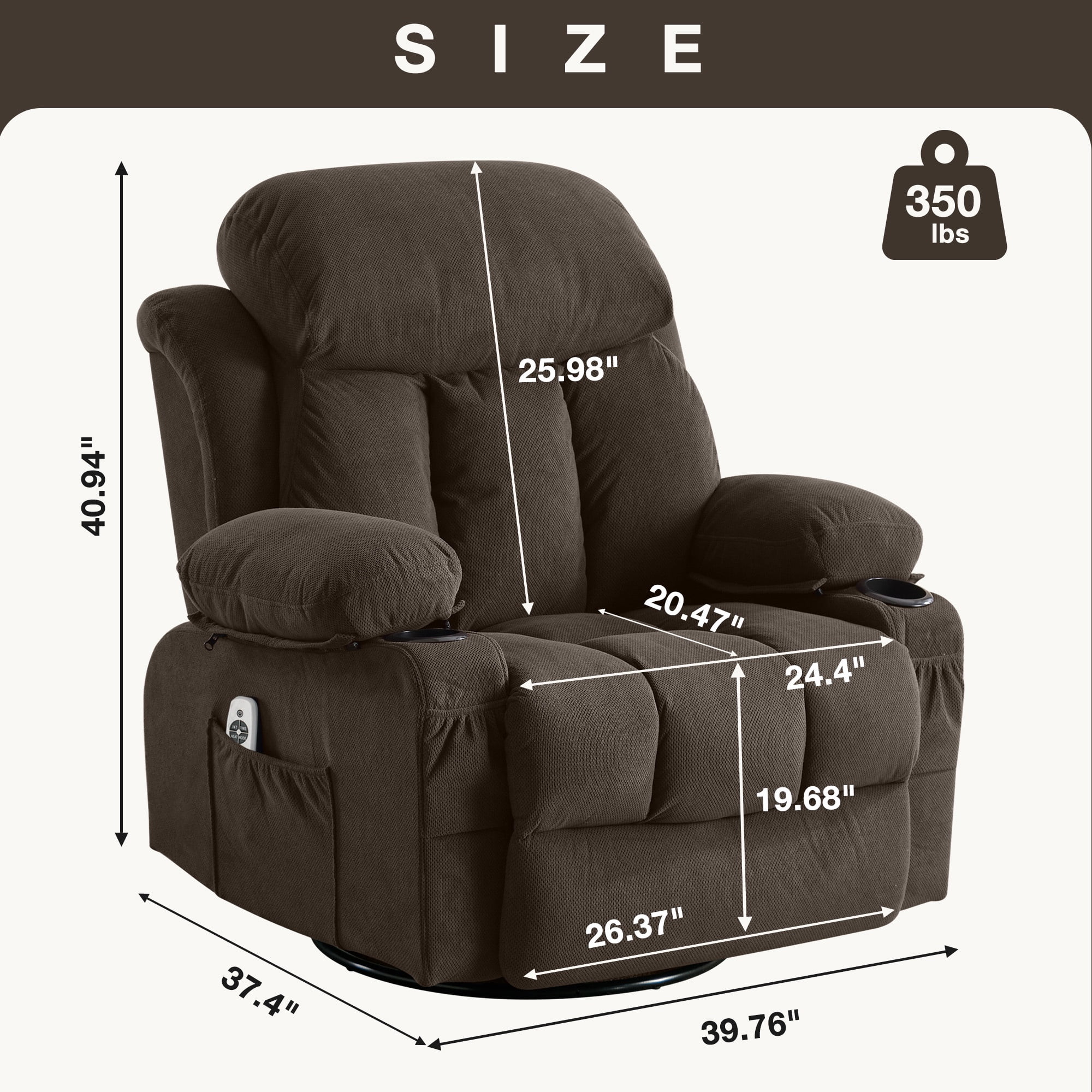 HSUNNS Swivel Recliner Chair for Adults, Living Room Velvet Recliner Chair with Massage and Heat, Single Sofa with USB Port, Cup Holder, Side and Front Pocket, Brown