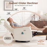 ATHOPE Power Recliner Chair for Adults with Massage & Heating, Swivel Glider Rocking Chair with USB Charging Port & Side Pockets, Executive Leather Living Room Chair, White